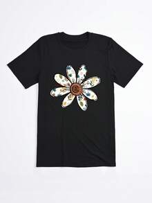 Camiseta negra con estampado floral grande para mujer estilo casual verano - Negro - Ver 2