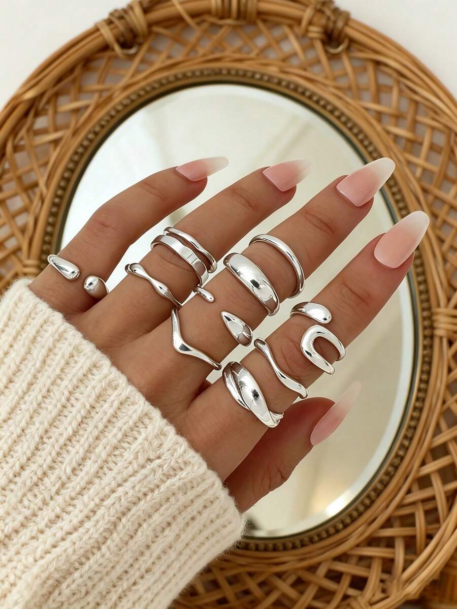 10pcs Fashionable Minimalist Irregular Geode Rings Set, Multi-Metal Smooth Finish Rings For Women - Silver - View 1