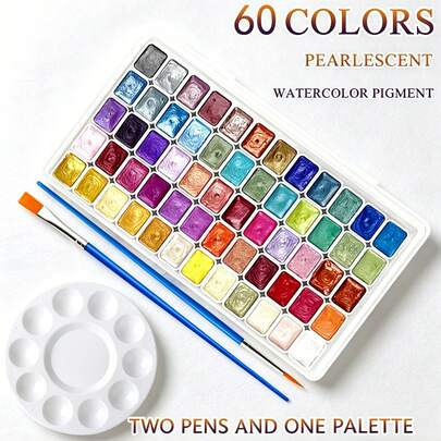 Premium set van 60 parelmoer metallic aquarelverfkleuren, draagbare set met vaste pigmenten en 2 penselen, ideaal voor Chinese schilderkunst, tanka-kunst, manicures en knutselprojecten, perfect als kerstcadeau en schildersbenodigdheden.