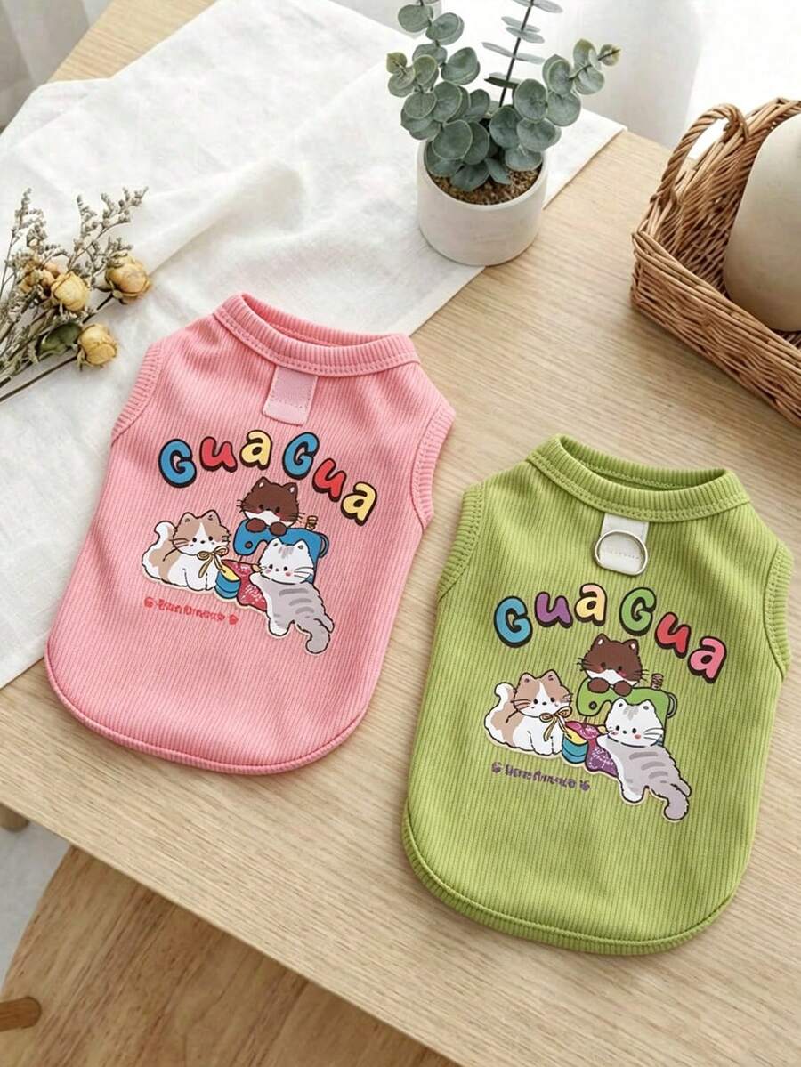 Furry Delights 貓咪可愛熊與臘腸狗刺繡狗狗背心，羅紋針織寵物背心配荷葉邊袖口，透氣舒適，適合春夏，可愛的小型中型犬狗狗衣服，適合日常散步