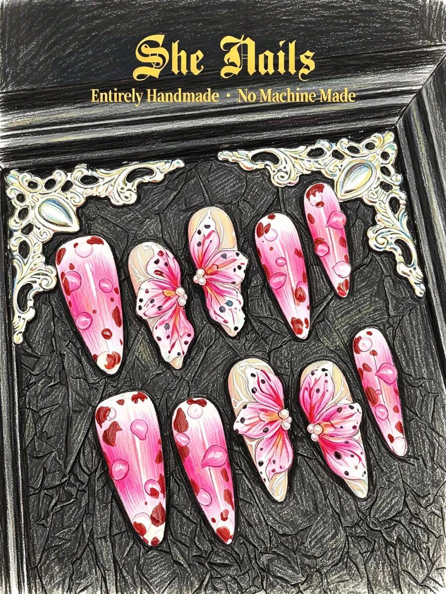 Bộ 10 miếng dán móng tay acrylic kim loại phong cách Punk Goth cổ điển - 10 miếng màu hồng, 10 miếng màu đỏ, 10 miếng màu nâu, 10 miếng màu vàng, họa tiết da báo, móng nhọn đính đá 3D, hoa vẽ tay, quả anh đào, hình tròn, trái tim, nơ, phù hợp cho tiệc Giáng sinh và sử dụng hàng ngày, bao gồm gel dán móng, miếng dán và dũa móng. Dành cho phụ nữ và bé gái. - Màu Hồng Tươi - Xem 1