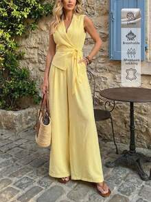 2 piezas Conjunto de lino elegante y casual minimalista para vacaciones/uso diario, para mujer - Amarillo - Ver 6