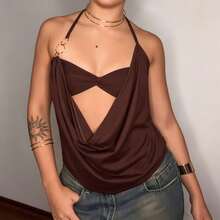 Women Halter Draped Cowl Neck Cami Tops Spaghetti Straps Plunge Layered Bra Summer Tank Tops Self Tie Cut Out Ruched Vests Going Out Crop Tops Camisoles Summer Vacation Beachwear Party Clubwear - 咖啡色 - 查看 3