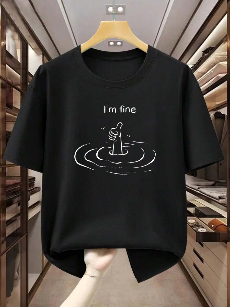 T-shirt da uomo in 100% cotone 180g, collo tondo, stampa divertente "Sto bene" con pollice nell'acqua, maniche corte traspiranti, vestibilità regolare, comoda e casual, ideale per abbigliamento estivo quotidiano, lavabile in lavatrice - nero - Visualizzare 1