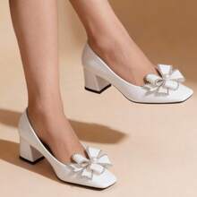 Women's High Heels, Square Toe, Chunky Heel, Pearl And Bow Design, Available In Solid Color Or Multiple Colors, Elegant And Unique, Casual And Comfortable, Suitable For Pairing With Skirts, Dates, Daily Commutes, And Attending Dances And Banquets. - 白色 - 查看 13