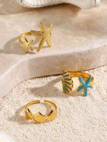 3pcs/Set Stainless Steel 18K Gold Plated Starfish & Shell Design Rings, Suitable For Women Beach Vacation Wear - Multicolor - View 5