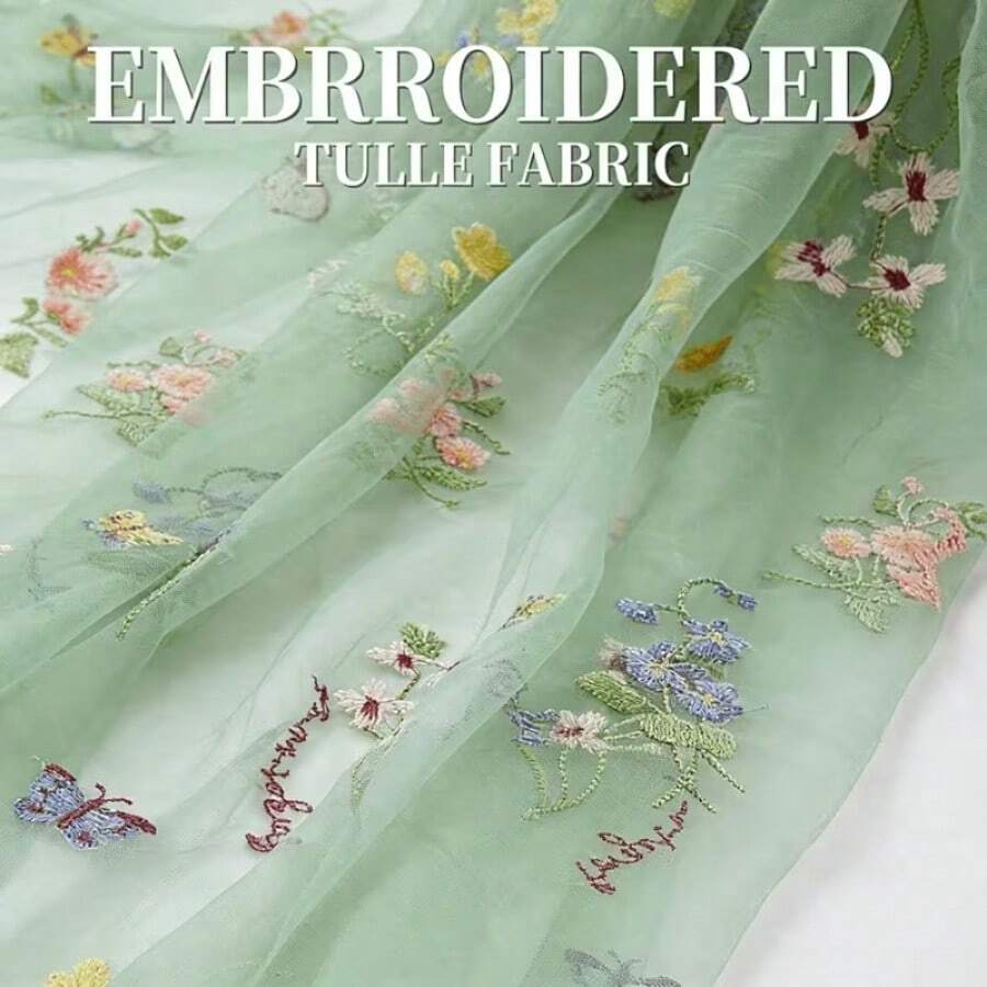 Soft Green Butterfly Embroidered Mesh Fabric, A Beautiful Forest-Themed Decorative Cloth, Multi-Purpose, Available In Various Sizes. Suitable For Scene Decoration, Tabletop Decor, Wedding Veil, Chair Back Decoration, Etc. - Grass Green Butterfly Flower Net - View 1