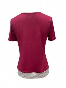 Women's Casual Commuter Colorblock Lace Button Short Sleeve Fitted T-Shirt, Summer - Burgundy - View 2
