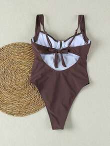 Traje de baño de una pieza negro, de cuello en V, elegante y sexy, de llegada nueva primavera/verano de Polovedo, adecuado para la playa, vacaciones, fiestas y citas - Caqui - Ver 3