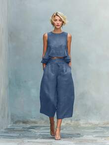 2026 New Summer Women Linen Blend Two Piece Set Ruffle Detail Casual Loose Beach Vacation Outfit - Màu cam đỏ - Xem 7