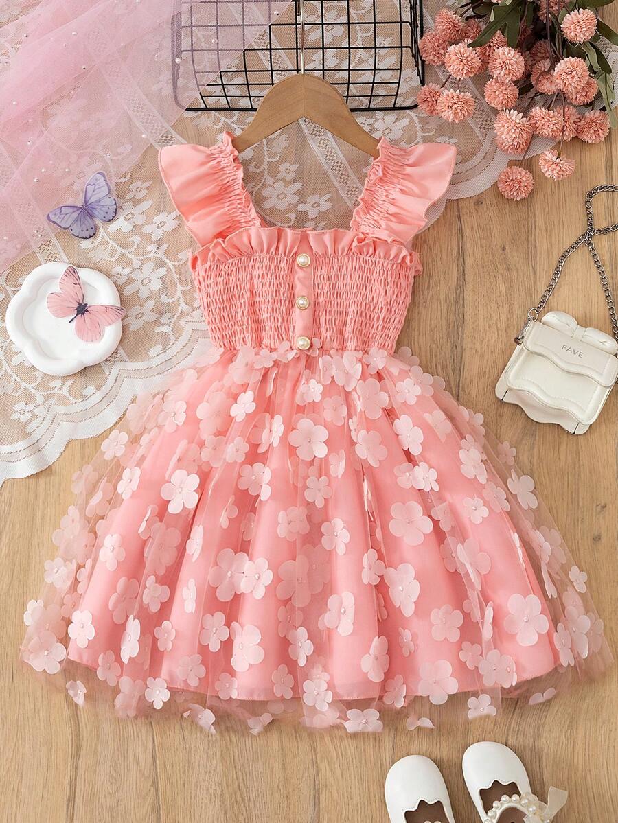 Young Girl Fashion Casual Ruffle Button Lace Wide Shoulder Strap Square Neck Patchwork Floral Mesh A-Line Hem Dress Daily Home Outdoor Vacation Summer Girls Dress - Pink - View 1