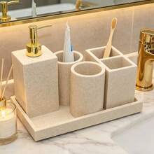 6pcs Resin Bathroom Accessory Set, Modern Farmhouse Style, Includes Toothbrush Holder, Soap Dispenser, Tray, Tumbler, Cotton Swab Holder, Sandstone Color - Sand Color - View 3