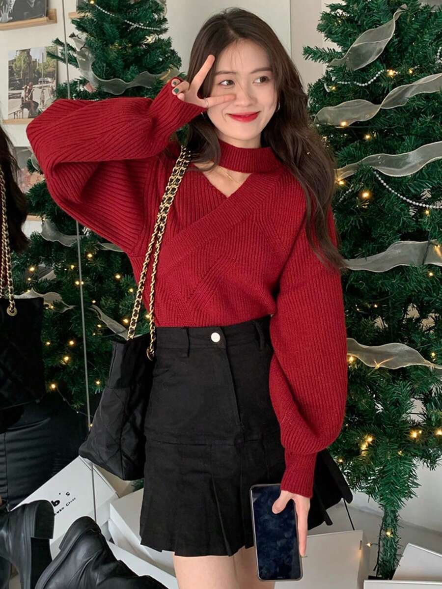 Sweater Leher Halter Merah Natal, Pullover Rajut Wanita untuk Musim Gugur/Dingin - Merah - View 1