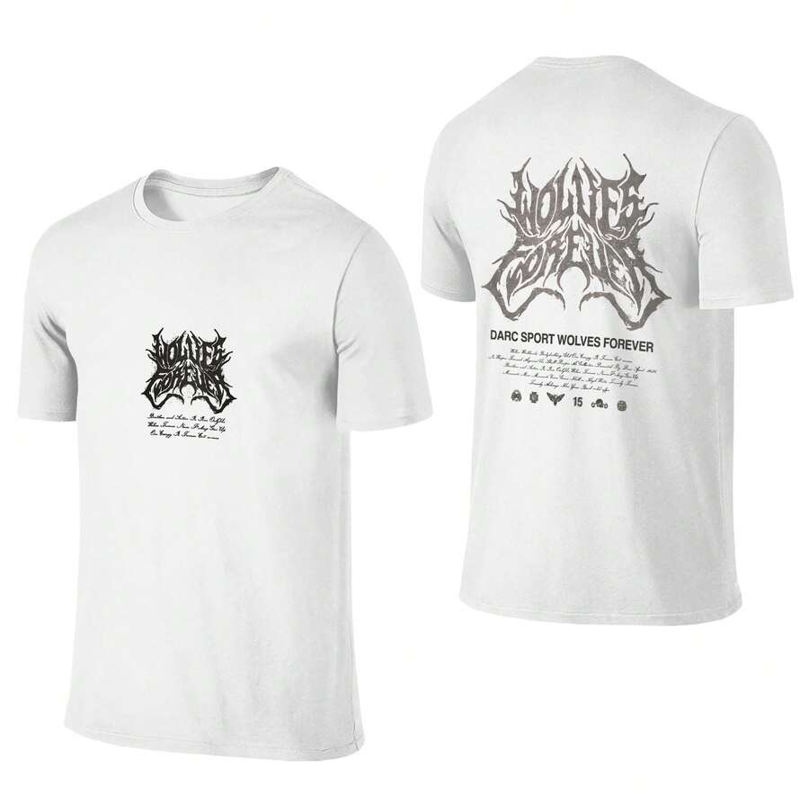 Men's 180g Heavyweight Cotton Crew Neck T-Shirt, Gothic "WOLVES FOREVER" Sheer Loyalty Print, DARCSPORT Inspired Streetwear Gym Tee - 白色 - 查看 1