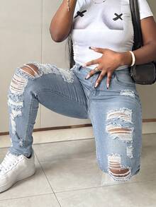 Women's Casual Ripped Skinny Sexy Stretch Denim Jeans, Long Button Design, Medium Stretch - Light Wash - View 3