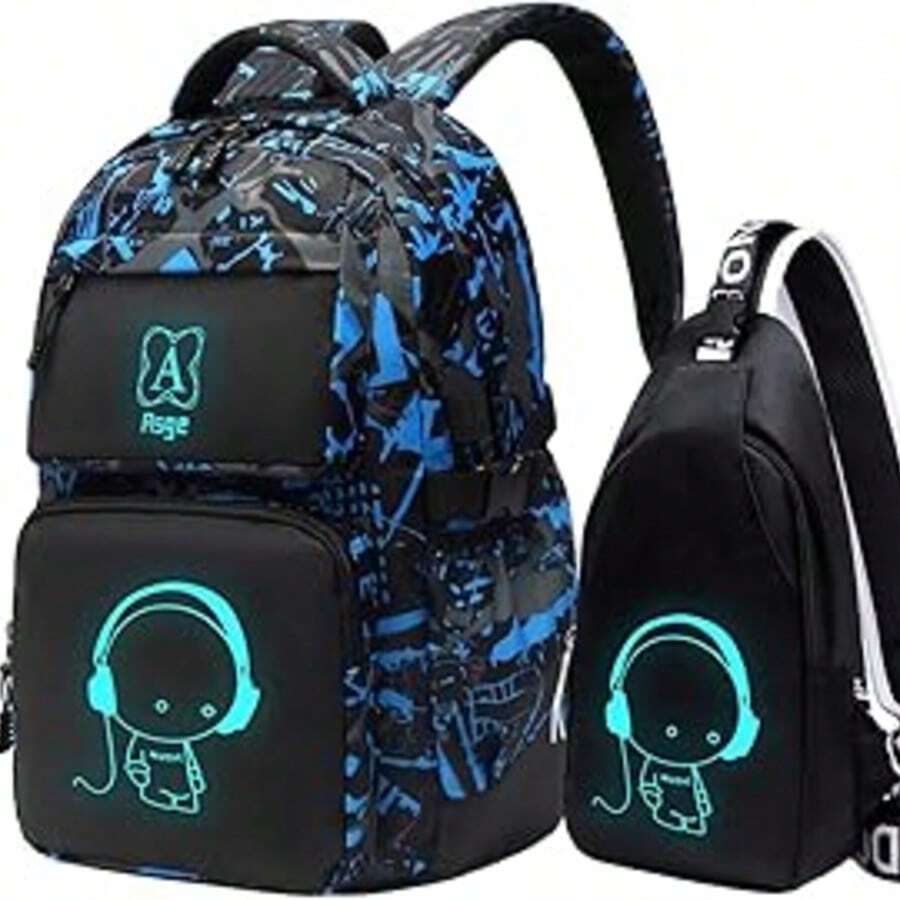 Asge Luminous Backpack For Male And Female Middle School Students, School Bag, Leisure Backpack Set, Shoulder Bag With Large Capacity - Royal Blue - View 1