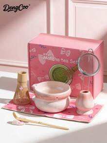 Dengcoo Bộ ấm trà Matcha 7 món màu hồng nơ, bao gồm bát trà Matcha tráng men, dụng cụ đánh trà Matcha kiểu Nhật và thìa, bộ ấm trà truyền thống cho nghi lễ trà đạo. - Bộ bát trà Matcha - Xem 1
