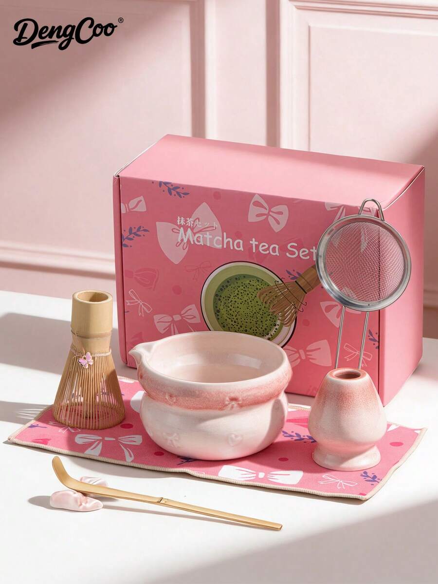 Dengcoo Bộ ấm trà Matcha 7 món màu hồng nơ, bao gồm bát trà Matcha tráng men, dụng cụ đánh trà Matcha kiểu Nhật và thìa, bộ ấm trà truyền thống cho nghi lễ trà đạo. - Bộ bát trà Matcha - Xem 1