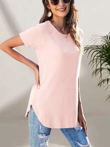 Kaos Lengan Panjang Wanita Kasual Abu-abu Leher Bulat, Kaos Minimalis Serbaguna untuk Berpergian, Warna Pink untuk Musim Panas - Berwarna merah muda - View 4