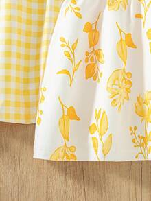 3pcs/Set Gaun Cami Motif Bunga untuk Bayi Perempuan + Gaun Cami Kancing Polos + Gaun Cami Patchwork Kancing Motif Kotak-kotak - Kuning - View 5