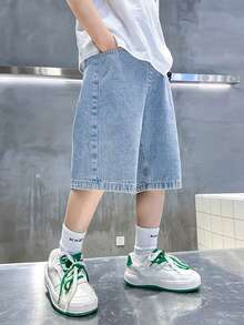Pantalones cortos vaqueros de mezclilla lavada azul claro oversize, estilo casual de calle para adolescentes - Lavado ligero - Ver 4