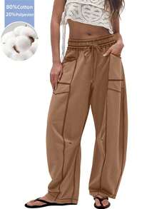 Women's Barrel Leg Sweatpants High Waisted Wide Leg Athletic Pants With Drawstring, Casual Loose Fit Lounge Sweatpants For Women, Yoga Baggy Joggers - màu nâu - Xem 1