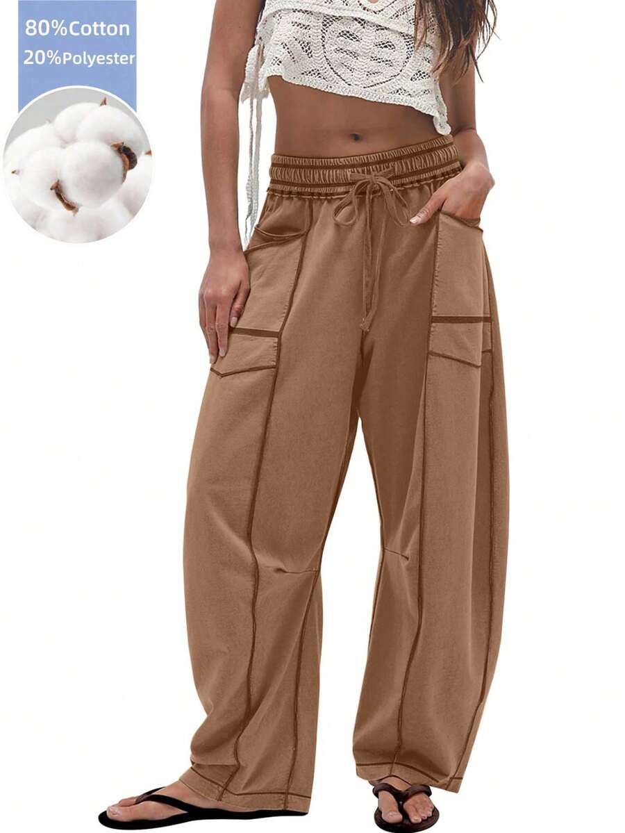 Women's Barrel Leg Sweatpants High Waisted Wide Leg Athletic Pants With Drawstring, Casual Loose Fit Lounge Sweatpants For Women, Yoga Baggy Joggers - màu nâu - Xem 1