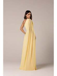Long Wedding Dress For Bridesmaid - Flowing Style With Cape And Slit - Yellow - View 3