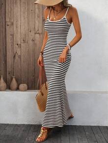 1pc Vaiaye Women's Striped Sleeveless Dress With Side Slit, Sexy Backless Striped Dress Elegant Summer - Đen và trắng - Xem 12