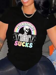Oversized Graphic T-Shirt - Bold Skeleton "Everything Sucks" Design With Rainbow And Stars, Casual Short Sleeve Crew Neck Tee, Medium Stretch, Machine Washable, Women's Tee-X - Black - View 1