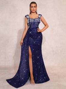 Nuevo vestido elegante con escote cuadrado, abertura, cremallera, encaje y detalles de perlas y brillo, adecuado para fiestas, bodas y ocasiones formales - azul real - Ver 1