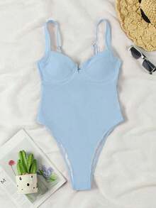 Traje de baño de una pieza negro, de cuello en V, elegante y sexy, de llegada nueva primavera/verano de Polovedo, adecuado para la playa, vacaciones, fiestas y citas - Azul 2 - Ver 9