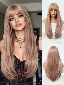 Tóc giả nữ màu vàng nhạt, dài 26 inch, chất liệu sợi tổng hợp, thẳng, có mái bằng, chịu nhiệt, trông thật và tự nhiên, phù hợp để đội hàng ngày, dự tiệc, nhập vai và tạo kiểu. - Màu hồng gỉ - Xem 12