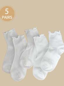 5 Pairs Mid-Calf Socks, Pure White With Striped Ruffle Design, Suitable For Home, Travel, Vacation And All Seasons - White - View 6
