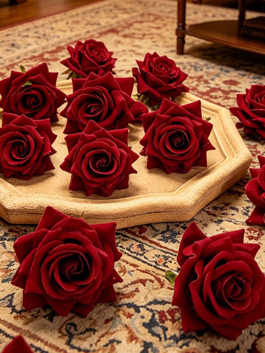 5/15/15 Pcs Artificial Flannel Rose Silk Cloth Autumn Decoration Back To School Classroom Decoration DIY Wreath Material Wedding Bride Wrist Bouquet Corsage Headwear Accessories Home Birthday Cake Matching Material - Burgundy - View 1