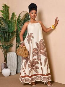 BIUBIU Vestido largo con estampado de palmeras, diseño con tirantes finos y sin mangas, cintura con cordón, para fiesta, talla grande - Base de albaricoque con flores de palma - Ver 4