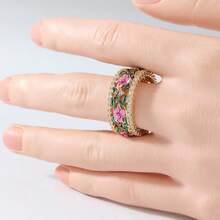 Women's Fashion Hollow Colorful Floral Ring, Inlaid With Synthetic Zirconia, Versatile For Party And Vacation - Gold - View 1