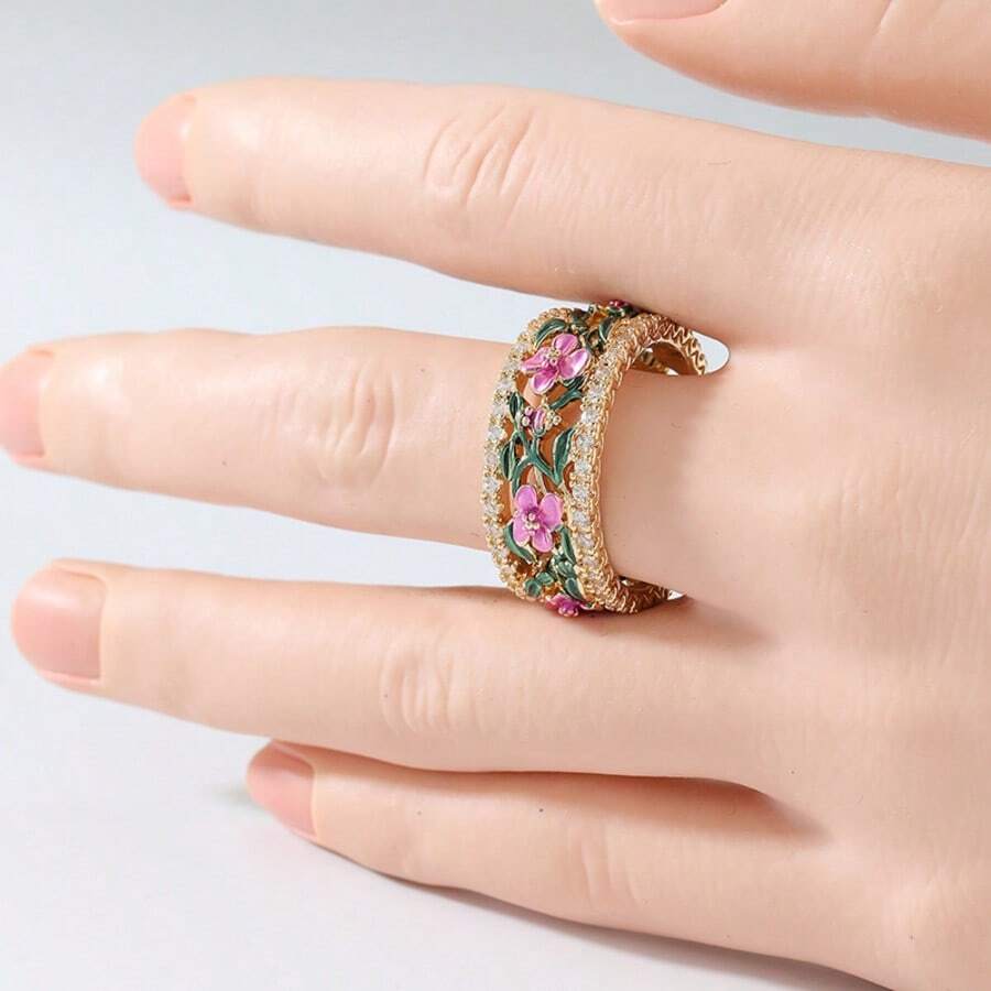 Women's Fashion Hollow Colorful Floral Ring, Inlaid With Synthetic Zirconia, Versatile For Party And Vacation - Gold - View 1