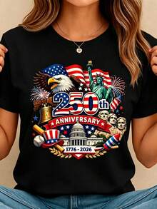 Women's Crew Neck Summer Tee USA 250th Anniversary Patriotic Print Regular Fit Top Perfect For National Celebrations & Daily Casual Wear & Leisure Outings - màu đen - Xem 1