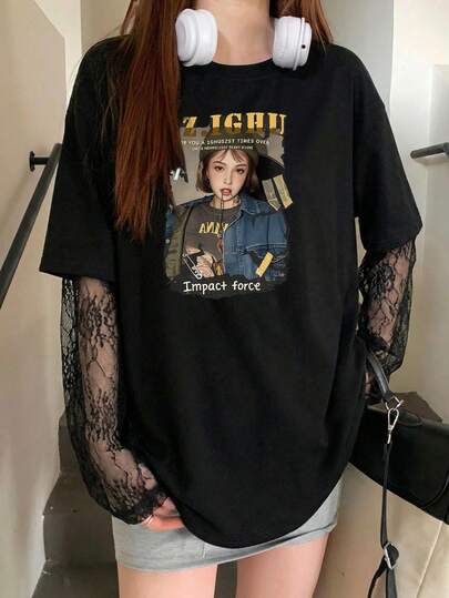 星河女孩个性化照片印花蕾丝拼接长袖圆领宽松针织黑色上衣，春夏性感约会装，情人节休闲装