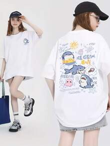 Extra-Large Cartoon Graphic T-Shirt By - Vintage Y2K Design, Comfortable Short Sleeves, Machine Washable, White With Blue And Black Design, Perfect For Casual Spring And Summer Outfits - X - White - View 3