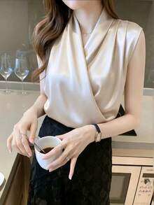 Áo kiểu satin không tay thanh lịch dành cho nữ, thiết kế cổ áo xếp lớp, chất liệu vải dệt, chiều dài tiêu chuẩn, thích hợp mặc mùa hè, có độ co giãn nhẹ. - Rượu sâm banh - Xem 1