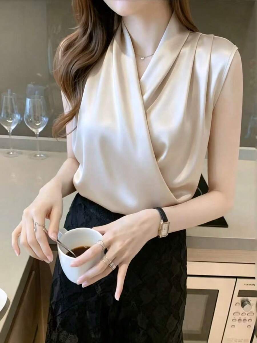 Áo kiểu satin không tay thanh lịch dành cho nữ, thiết kế cổ áo xếp lớp, chất liệu vải dệt, chiều dài tiêu chuẩn, thích hợp mặc mùa hè, có độ co giãn nhẹ. - Rượu sâm banh - Xem 1