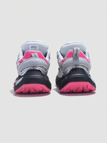 Jifffly 1 pereche de pantofi sport groși pentru bărbați, antiderapanți, rezistenți, cu logo oval pe lateral, culoare contrastantă negru, alb-neon roz, piele de vacă și material textil, pantofi casual de exterior, de talie medie, absorbanți de șocuri - Trandafir gri - Vizualizare 5