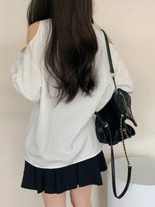 Áo sơ mi nữ kẻ sọc, trễ vai, buộc dây phía trước, kiểu dáng thường ngày, màu trắng. - trắng - Xem 4