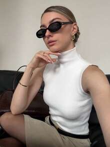 VIBEWAVE European & American Style Ribbed Knit Sleeveless Crop Top, Fitted Camisole For Summer - Beige - View 5