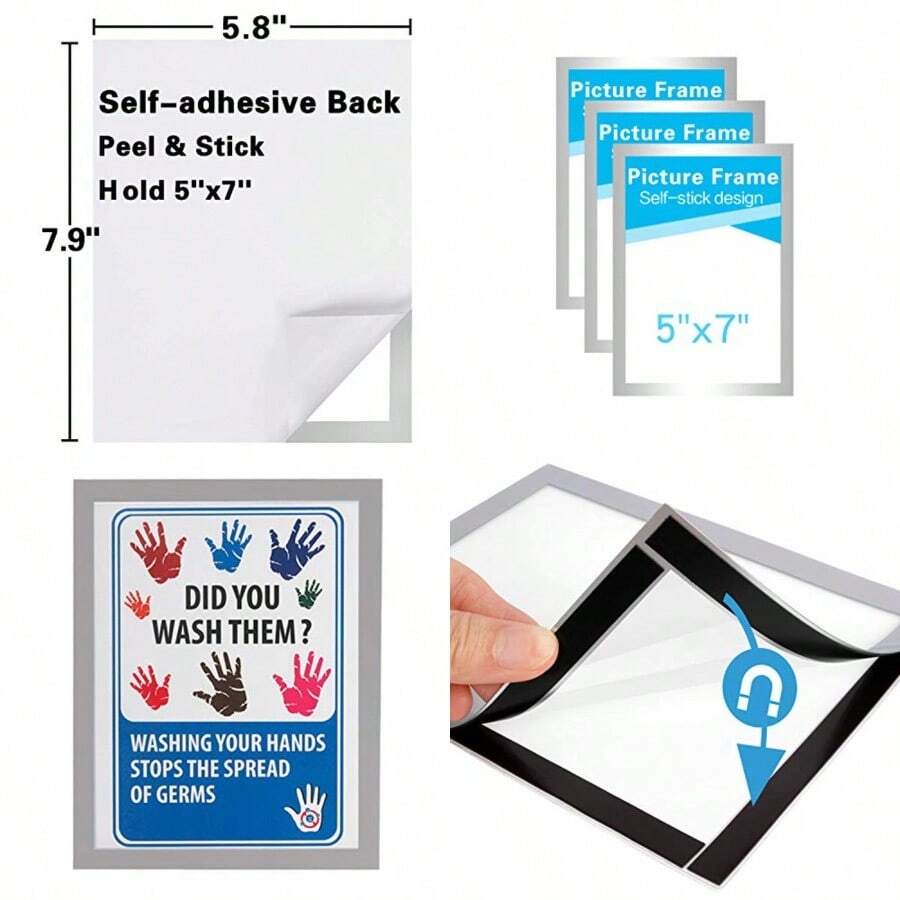 Marcos de fotos de 5 x 7 pulgadas hechos de PVC duradero y magnético fuerte autoadhesivos para nevera pared puerta ventana armario plateado paquete de 3 - Pago - Ver 1