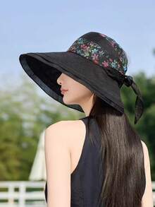 1顶女士大檐花卉蝴蝶结遮阳帽，2026新款防晒宽檐渔夫帽 - 彩色 - 查看 3