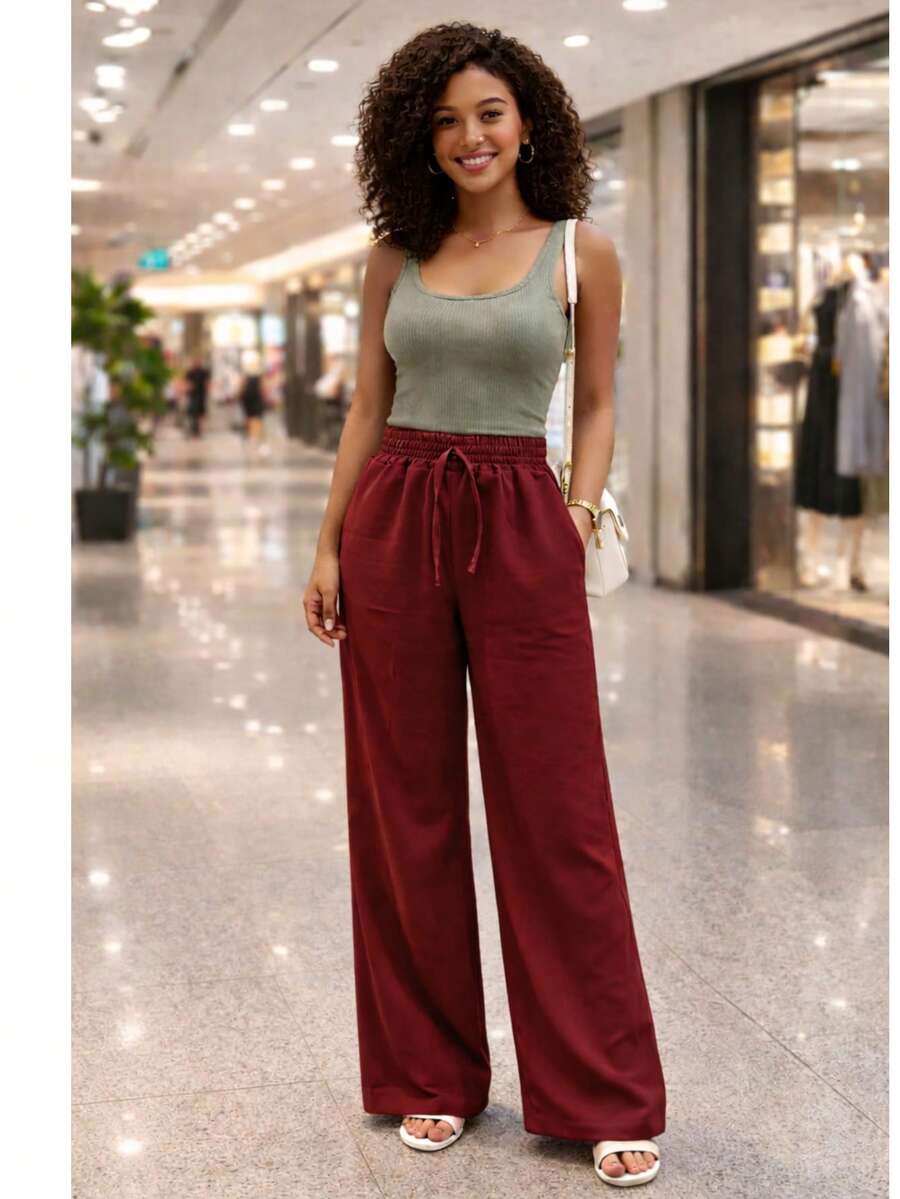Calça Feminina Pantalona Alfaiataria Casual Cintura Alta com Cordão Confortável e Elegante - Vinho - Visão 1