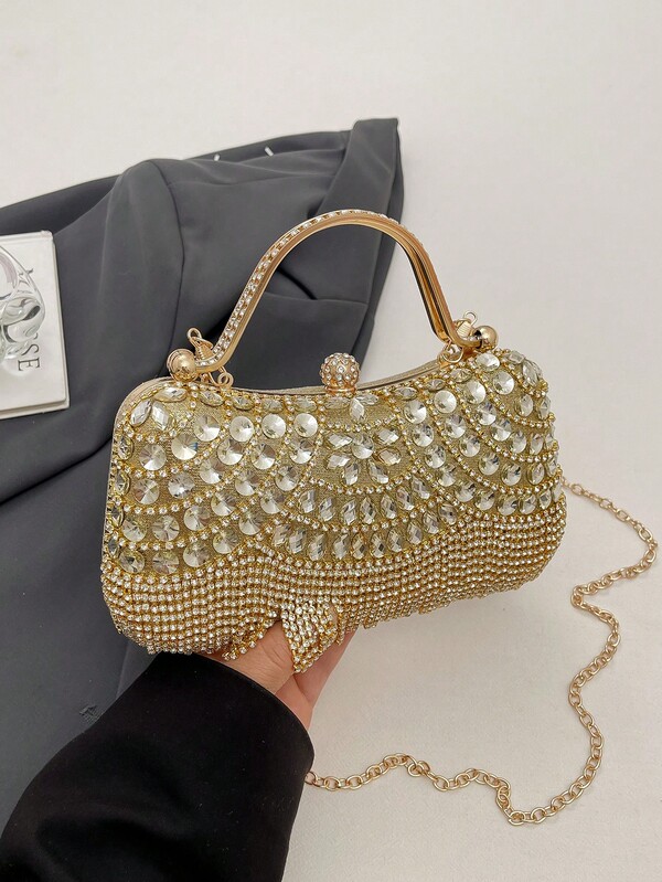 2026 New Luxury Rhinestone Evening Bag For Women, Sparkling Crystal Clutch Purse With Top Handle & Detachable Chain, Elegant Formal Handbag For Wedding, Prom, Cocktail & Party, Bling Diamond Shoulder Bag, Gold/Silver Colors Available